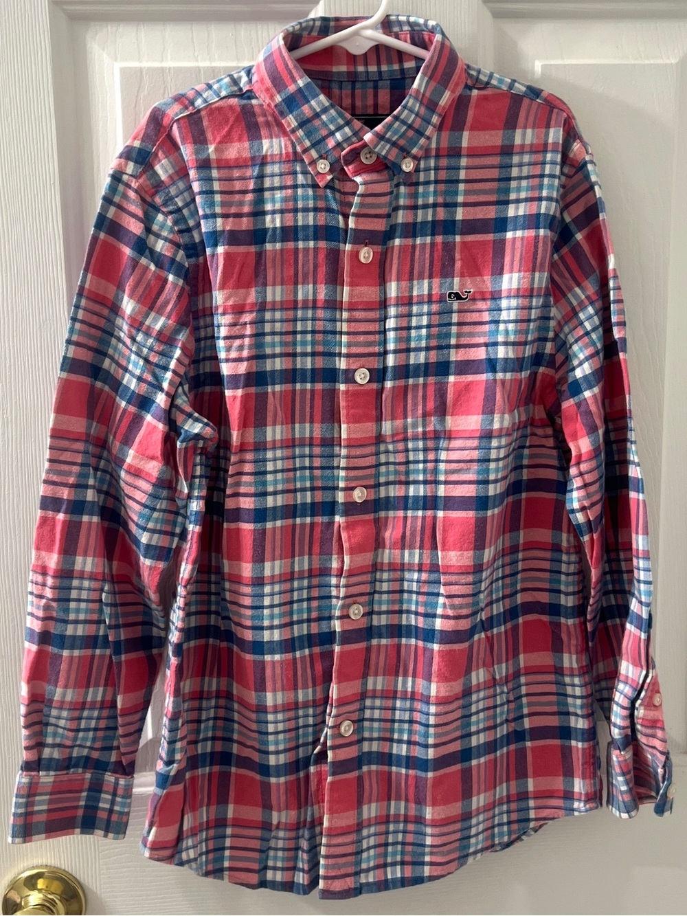 Vineyard Vines Boys Plaid Whale Shirt Button Up Flannel S (8-10) Pink Blue